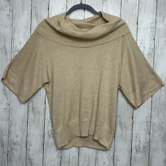 Michael Kors Gold Glitter Cowl Neck 3/4 Sleeve Sparkle Holiday Sweater Medium - Picture 1 of 10